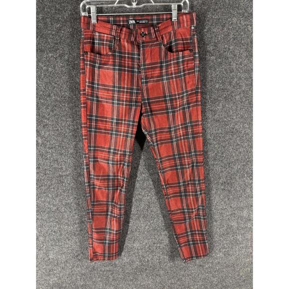 Zara Denim - Zara Jeans Women 30 Red Plaid Mid Rise Demin Medium Wash Skinny Pockets Regular